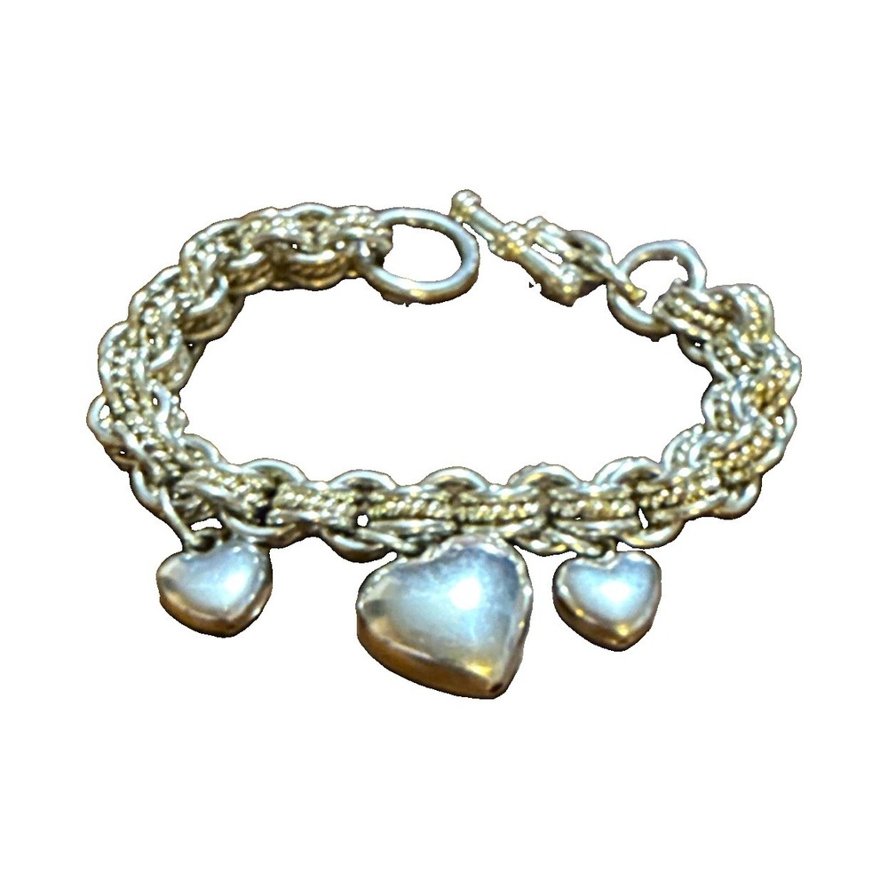 Silver Tone Rope Chain Charm Bracelet Toggle 3 Heart Dangle Charms Love